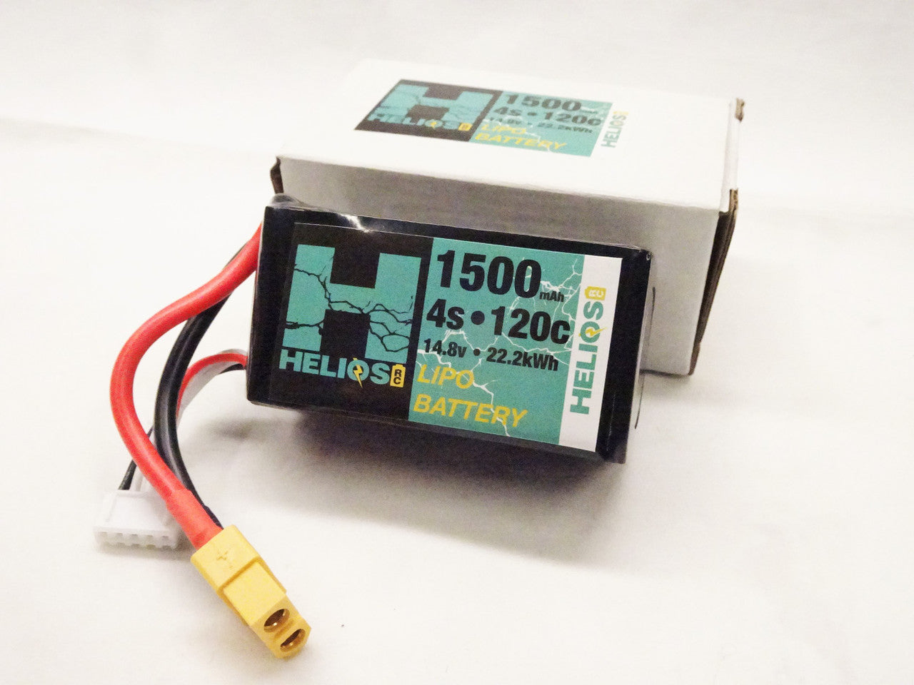 one 1500 mAh 4s 120c 14.8v 22.2kWh lipo battery in fornt of its packaging