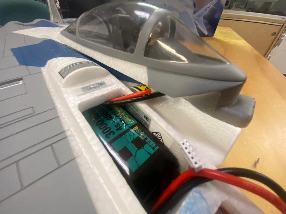 4s 3000mah Lipo Battery 2 inserted into a foam rc plain as a power source