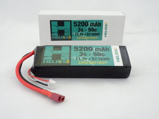 one 5200 mAh 3s 50c 11.1v 57.7 kWh lipo battery in front of its package 
