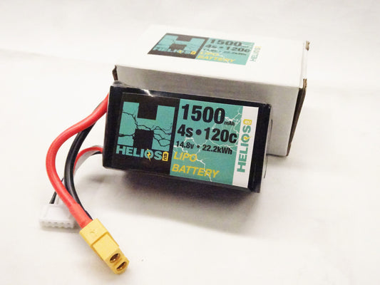 one 1500 mAh 4s 120c 14.8v 22.2kWh lipo battery in fornt of its packaging 
