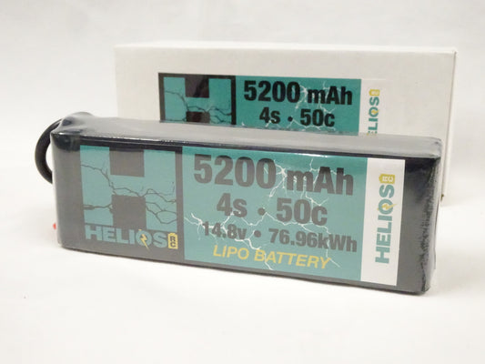one 5200 mAh 4s 50c 14.8v 76.96kWh lipo batter n front of its packaging 