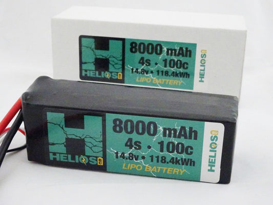 one Helios 4S Lipo batteries with 8000 mAh capacity and 100C voltage, one blackwith  red wires.